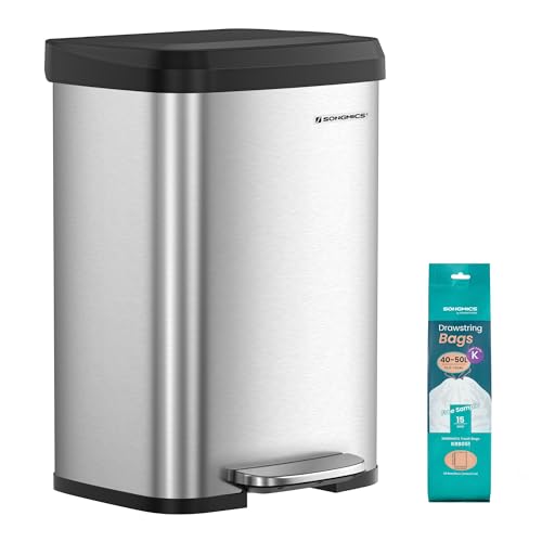 SONGMICS Poubelle de Cuisine, 50L, Poubelle à Pédale en Métal avec Couvercle, Grande et Haute, Argent et Noir LTB530E50