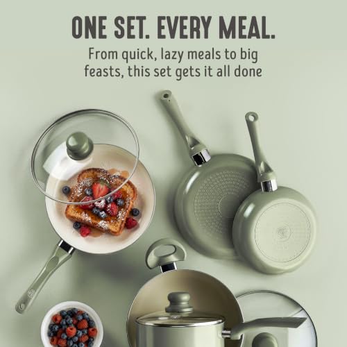 Image of GreenLife 16pc Ceramic Nonstick Pots & Pans Cookware Set, Sage Green | PFAS-Free Nonstick Coating, Stockpot, Frying Pans, Saucepan, Saute, Induction Ready, All Stovetop Compatible, Dishwasher Safe