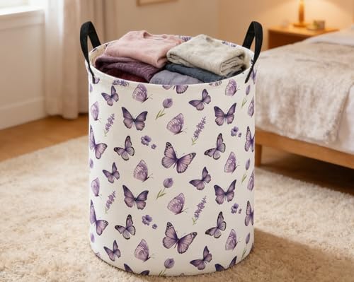 Image of ESSME Kids Laundry Basket,Butterfly Hamper Collapsible Canvas Waterproof Storage Bin for Girls, Cute Hamper,Gift Baskets(Purple butterfly)