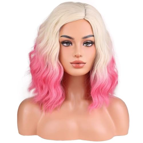 BERON Light Blonde Ombre Pink Wigs Short Curly Wave Wigs for Women Girls Shoulder Length Wavy Heat Resistant Synthetic Wig Cosplay Costume Party or Daily