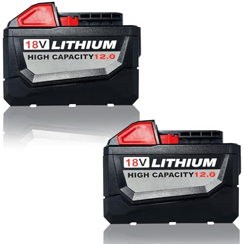 GVKIEDO-2-Pack 12.0Ah Rechargeable Li-ion Battery for Milwaukee M18 Tools - High Output 18V Compatible with 48-11-1850/1860/1880 LED Indicator & Safety Protection for Jobsite & Workshop Use