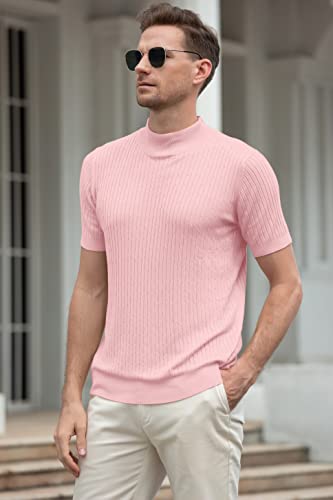 QZH.DUAO Men's Casual Slim Fit Short Sleeve Mock Turtleneck Knit Pullover Sweater, Pink, US Large4