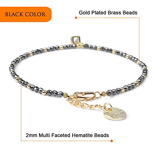 Morchic 2Mm Hematite Stone Mini Multi-Faceted Beads Adjustable Strand Bracelets For Women, Cubic Zirconia Pendant (Black) #TOP2