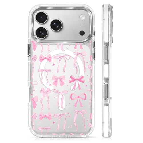 Coque iPhone 17 Pro Max transparente Magsafe antichoc en TPU souple avec motif nœud rose mignon
