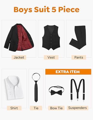 Image of Boys Husky Suit 5 Pieces Kids Black Formal Tuxedo Suit Set for Wedding Ring Bearer, Easter, First Communion, Confirmation, Graduation (Size 12 Husky)
