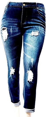 Jack David/Wax Womens Plus Size Ripped Destroy Blue Denim Roll up Distressed Jeans Pants