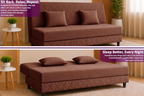 Image of Deco Studio 3 Seater Sofa Bed | Premium Upholstered Velvet Fabric Folding Couch for Living Room, Guest Room & Bedroom | Quilted Backrest with 2 Cushions (Brown)