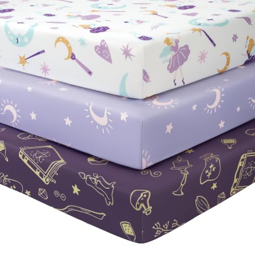 Image of Baby Crib Sheets Girl, 3 Pack Toddler Bed Sheets Fitted for 52 inchx28 inch Standard Crib and Toddler Mattresses, Super Soft Microfiber Purple Magic Fairy