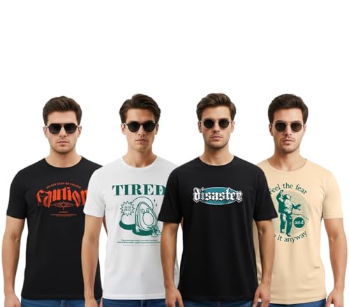Image of Cotton Blend Regular Fit Half Sleeve Printed Round Neck Multicolor Drop Shoulder T-Shirt for Mens & Boys (Pack of 4)