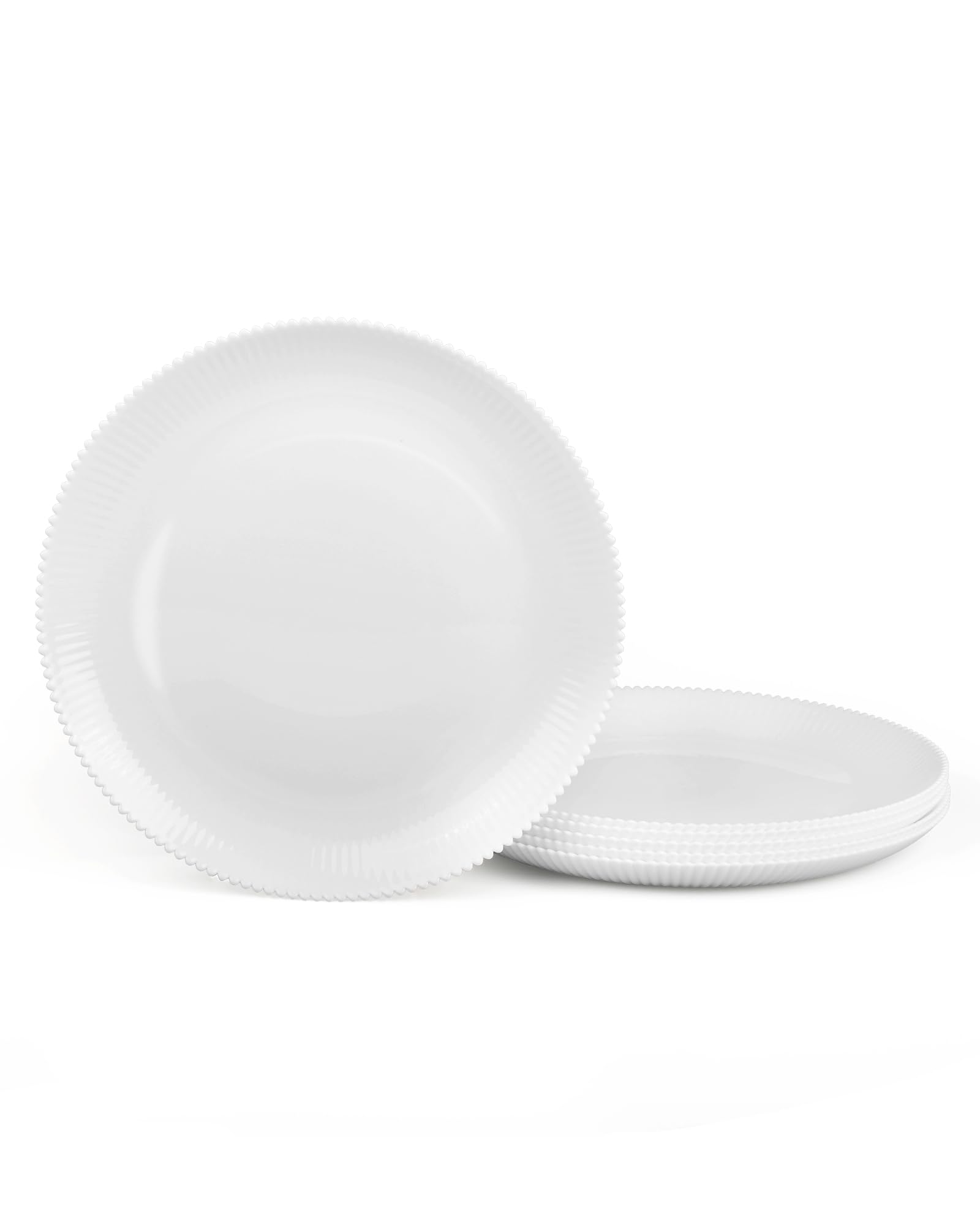 7.5 inch Ribbed Salad Appetizer Plate Set of 6, Opal Glass Round Small White Plates for Dessert, Kitchen, Dishwasher and Microwave Safe