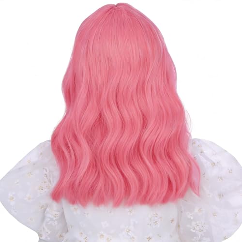 Image of Pink Wig with Air Bangs Short Lovely Pink Wavy Curly Wigs Light Pink Wig Synthetic Cosplay Hair Wig