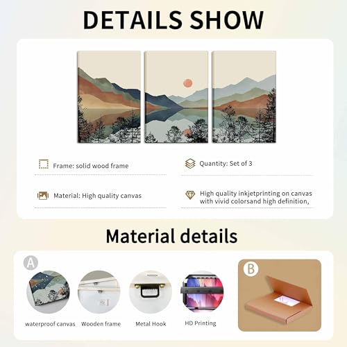 AKWISH Framed Mountain Canvas Wall Art Set of 3, Boho Watercolor Poster Prints Painting, Sun Forest Abstract Nature Landscape Artwork Wall Decor for Living Room, Bedroom, Office 12x16 In - Image 6