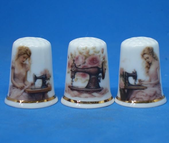 Porcelain China Collectible - Set of Three Thimbles - Pink Rose Sewing, White