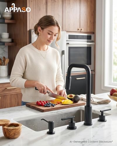 Image of APPASO 4 Hole Black Kitchen Faucet with Pull Down Sprayer & Soap Dispenser | Matte Black Square Neck Kitchen Sink Faucet with Dual Handle, Stainless Steel for 3 and 4-Hole Sinks, Easy to Install