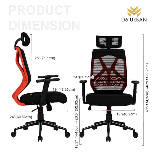 Image of Da URBAN Merlion Office Chair,High Back Mesh Ergonomic Home Office Desk Chair with 3 Years Warranty, Adjustable Armrests,Adjustable Lumbar Support,Tilt Lock Mechanism (Red)