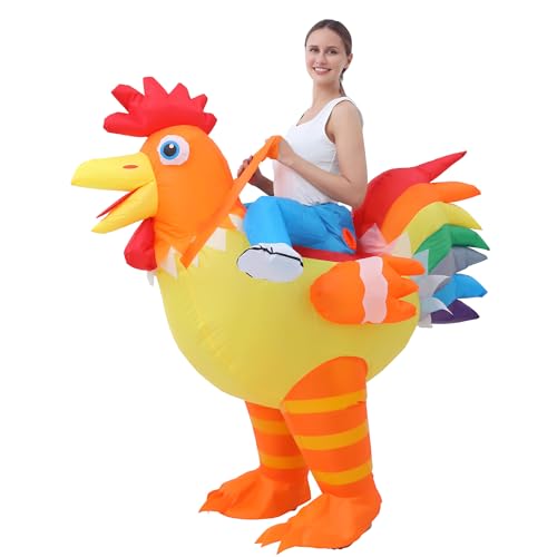 JOYBRO Disfraz Hinchable de Pollo para Adultos, Divertido Traje de Montar Gallo para Hombre y Mujer, Ideal para Halloween, Carnaval, Cosplay y Fiestas Temáticas, Talla Única 160–190 cm