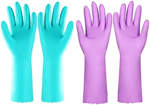 Elgood Reusable Dishwashing Cleaning Gloves with Latex free, Cotton lining ,Kitchen Gloves 2 Pairs,Purple+blue, Medium