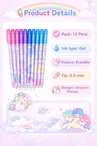 Image of KiddieWorld 12 Pcs Unicoorn Theme Erasable Gel Pens Set for Kids & Students | 0.5mm Smooth Writing Blue Ink | Cute Kawaii School Stationery | Write Erase Rewrite Pens for School, Return Gifts