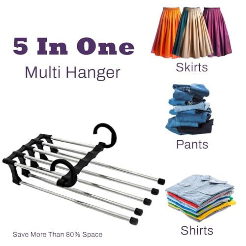 Image of Storite 5 in 1 Stainless Steel Foldable Clothes Hanger | Multi-Layer Space Saving Pant Hanger for Wardrobe | Multipurpose Foldable Trouser & Scarf Organizer Rack (Black)