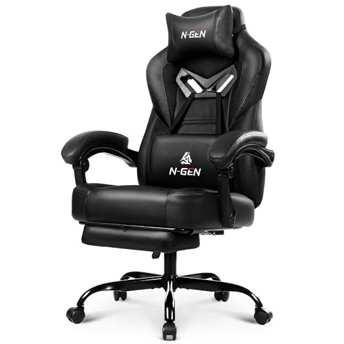 N-GEN GAMING Video Gaming Chair Big and Tall Office Computer Desk Chairs with Ergonomic Lumbar Support High Back Recliner and Footrest for Adults (Black)