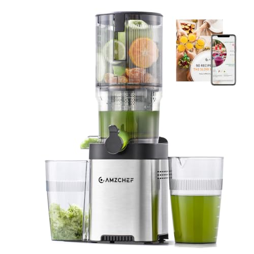 Image of AMZCHEF Cold Press Juicer, 5.2 inch Whole Fruit Self-Feeding Slow Juicer | Stainless Steel Slow Masticating Juicer Easy to Clean | Triple Strainers | Large Auger | High Yield