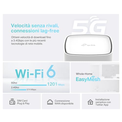 Archer NX200 Router 5G Wi-Fi 6 AX1800 Mbps con SIM, Dual Band, Plug & Play, Porta Gigabit WAN/LAN, 4K-QAM, Beamforming, 8 × 5G/LTE, 2 × Wi-Fi Antenne Interne, EasyMesh, HomeShield - Router - Immagine 2