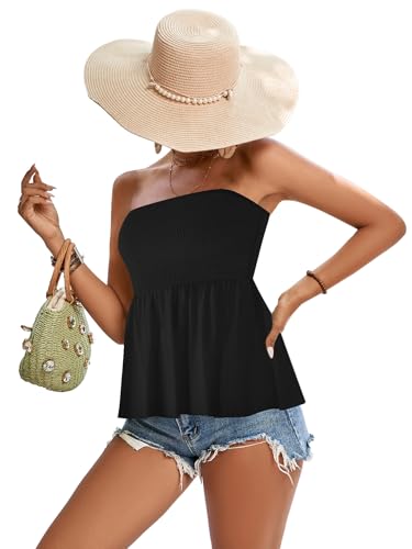 Rooscier Women's Smocked Tube Tops Ruffle Hem Sleeveless Peplum Bandeau Strappy Cami Tank4