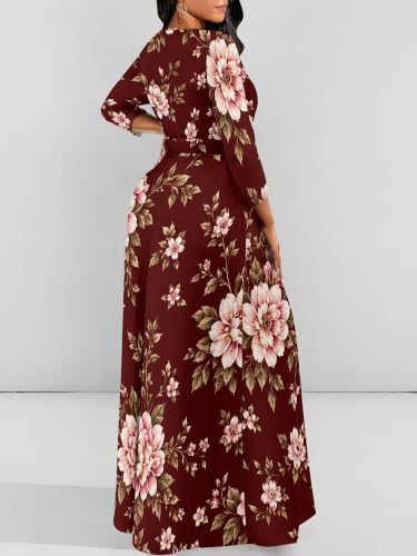 Image of Women Plus Size Long Sleeve V Neck Maxi Dress with Belt | Soft fabric relaxed fit three quarter sleeve v neck with pockets for party and daily wear