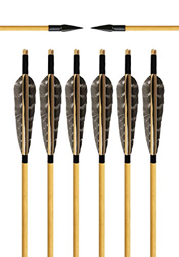 ARCHERY SHARLY Archery Wooden Arrows 5" Natural Turkey Feather Fletching for Recurve & Long Bow Target Hunting (6 Packs)