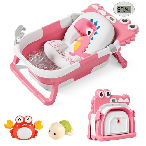 Image of TPN Collapsible Baby Bathtub for Infants to Toddler with Real-time Temp Monitor+Floating Cushion,Foldable Baby Bath Tub Set Applicable 0-36 Month,Perfect Portable Travel Baby Tub for Newborns Girl