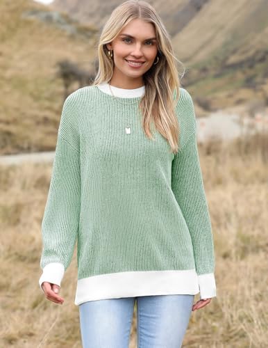 Image of Zeagoo Women 2026 Fall Lightweight Oversized Sweater Crew Neck Long Sleeve Color Block Pullover Rib Knit Blouse Tops XS-2XL