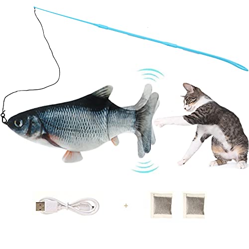 Hanbee Eléctrica Juguete Pez para Gato con Caña de Pescar, Peluche de Juguete eléctrico de simulación Fish con Carga USB, Mascotas Interactivo de Felpa Pez para Patear, Dormir, Morder, Masticar