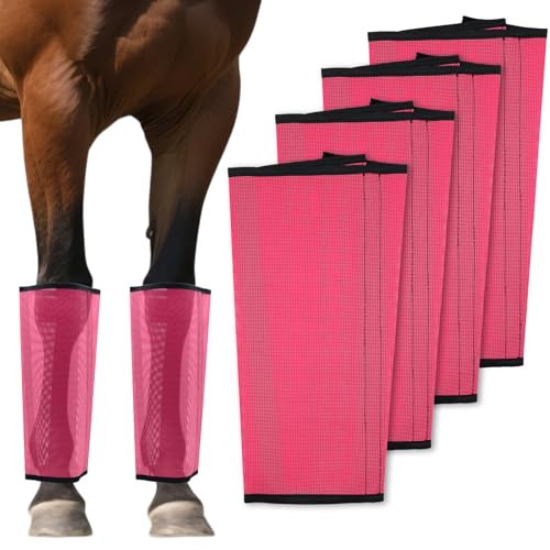 Mesh Horse Fly Boots Set of 4 Loose Fitting Breathable Leggings for Horses Adjustable Anti-Stomping Leg Wraps Stay-Up No-Slip Design for All 4 Legs Pink