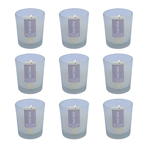 Image of EKAM Fresh Cotton Votive Soy Wax Scented Candle, 40 Grams, 10 Hours Burn Time| Long Lasting Premium Candles | Ideal for Home Decor | Gifting & Aromatherapy (Pack of 9)
