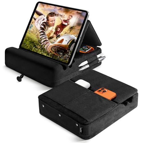Image of Tablet Pillow Stand with Storage, Foldable iPad Holder for Lep, Bed, Sofa, and Desk - Soft Pad Dock with Pocket and Stylus Mount Compatible with 4-13 inch iPad Pro /Air /Mini, Galaxy Tab, Kindle