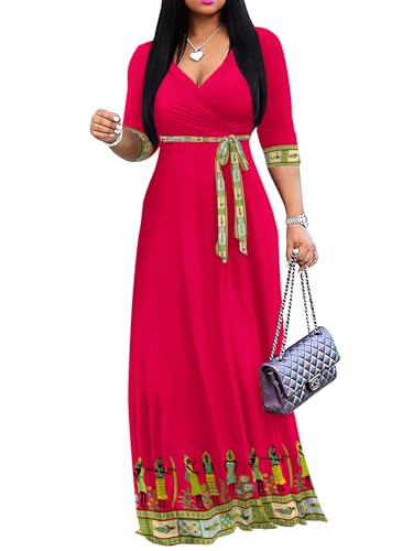 Image of Yajedo Womens Casual Summer Maxi Dress Plus Size Sexy Wrap V Neck 3 /4 Sleeve Sundress with Pockets