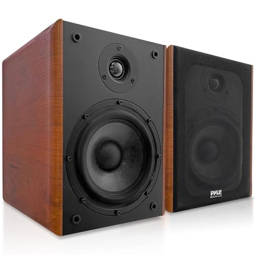 Pyle 6.5″ Home Wooden Bookshelf Speakers, 240W Max Power, 1″ Silk Dome Tweeter and Aluminum Voice Coils, Pair, Gold Plated 5 Way Binding Post, Rubber Surrounds, Beautiful Wood Grain Finish