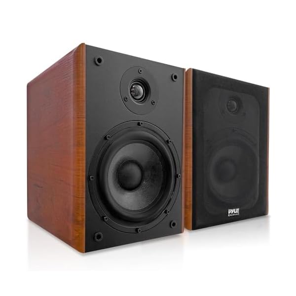 Pyle 6.5″ Home Wooden Bookshelf Speakers, 240W Max Power, 1″ Silk Dome Tweeter and Aluminum Voice Coils, Pair, Gold Plated 5 Way Binding Post, Rubber Surrounds, Beautiful Wood Grain Finish