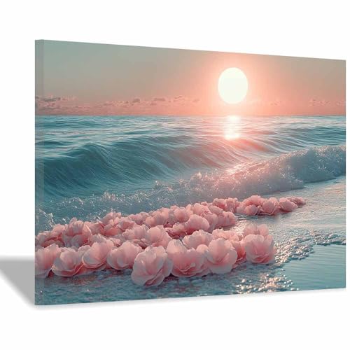Toile Murale Fleurs Roses et Coucher de Soleil pour la Salle de Bain