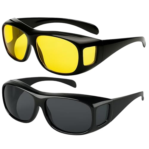 DqiUnaX Nachtfahrbrille, Nachtsichtbrille Für Autofahrer, 2 In 1 Set Mit Gelben Und Grauen Gläsern, Blendfreies Sehen Bei Nacht Und Nebel, Ideal Für Nachtfahrer Und Brillenträger
