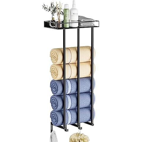 Ovicar Towel Racks for Bathroom - Wall Mounted Rolled Towels Storage with Metal Shelf & 3 Hooks,3 Bars Wall Towel Holder for Small Bathroom, Bath Towel Organizer (Black) Cover