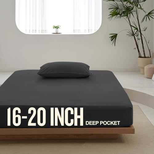 PILOO Deep Pocket Fitted Sheet Only - Premium 2000TC Microfibre, Extra Soft, Snug Fit, Wrinkle-Free, Easy Care, Hotel Luxury (Black, Wyoming King (16-20")