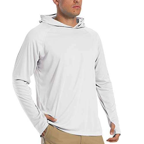 TACVASEN Herren Sonnenschutz Hoodie Sommer Atmungsaktiv Langarmshirts UPF 50+ mit Kapuze, Weiß, L