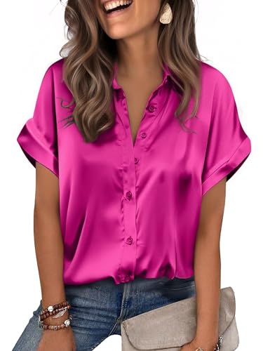Zeagoo Womens Blouse Satin Silk Pink Tops Fashion Short Sleeve Dressy Blouses Clothes Hot Pink