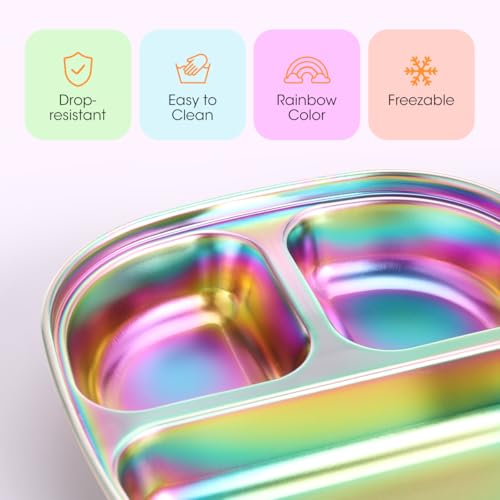 AIEVE Stainless Steel Kids Plates, Pack of 4 Stainless Steel Divided Toddler Plate with Lids