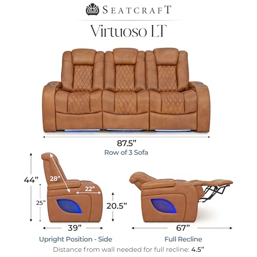 Image of Seatcraft Virtuoso LT Tawny Italian Leather Home Theater Seating, Zero Gravity Power Recliner, Powered Headrest and Lumbar Gaming and Home Office Chair, Heat and Massage Lounge Sofa, Row of 3 Sofa