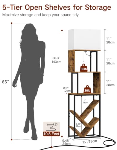 Image of 5-Tier Floor Lamp with Shelves & Remote, Dimmable S-Shaped Tree Bookshelf with 3 Color Temperatures, 1-Hour Timer, Tall Corner Standing Lamp for Living Room, Bedroom, Office(Rustic Brown)