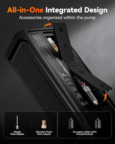 Image of WOLFBOX HyperFlow19 Portable Tyre Inflator for Car, Bike, Motorcycle & Ball, 150 PSI Cordless Air Compressor, 1-Minute Fast Inflation, Digital Pressure Gauge, Auto Shut-Off, LED Light, 2 Repair Nails