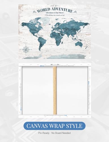 Image of IPIC - Vintage Teal World Map Canvas Wall Art, Push Pin World Map to Track Your Travels, Rustic Style Wall Decor for Home, Office, Living Room or RV, Ready to Hang, Made in USA