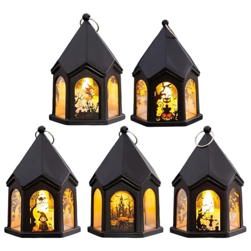NbgrvB Mini faroles decorativos con llama LED parpadeante, luces colgantes hexagonales para bodas y decoración del hogar de Halloween, paquete de 5, color negro